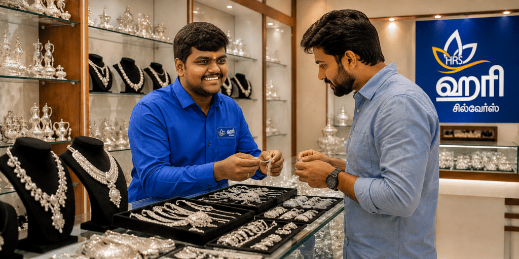 wholesale silver supplier buyer comparing silver jewellery in a showroom
