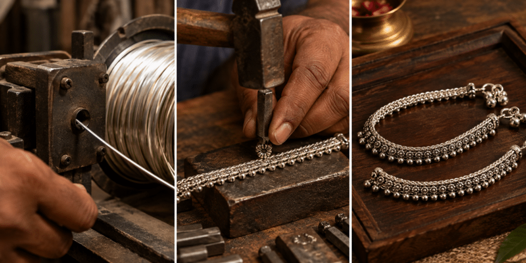 Handcrafted silver payal making process at Hari Silvers Madurai