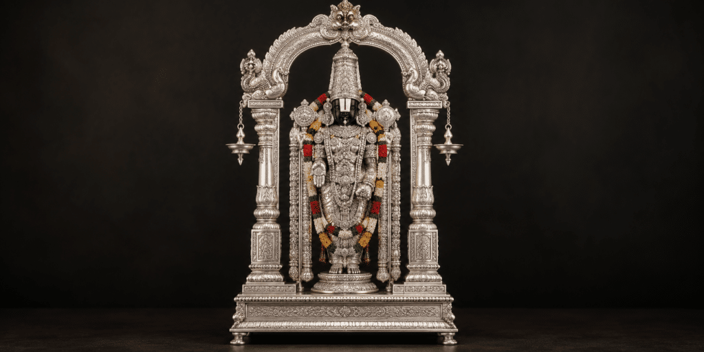 Lord Venkateswara silver statue with crown and Vaijayanthi garland