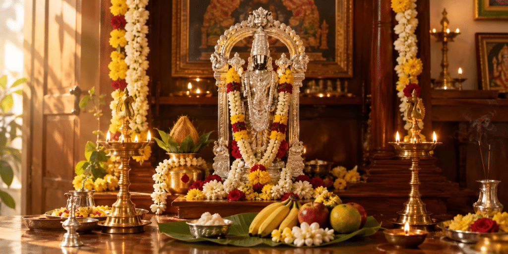 Silver Perumal statue on a home altar during Purattasi month pooja