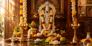 Silver Perumal statue on a home altar during Purattasi month pooja