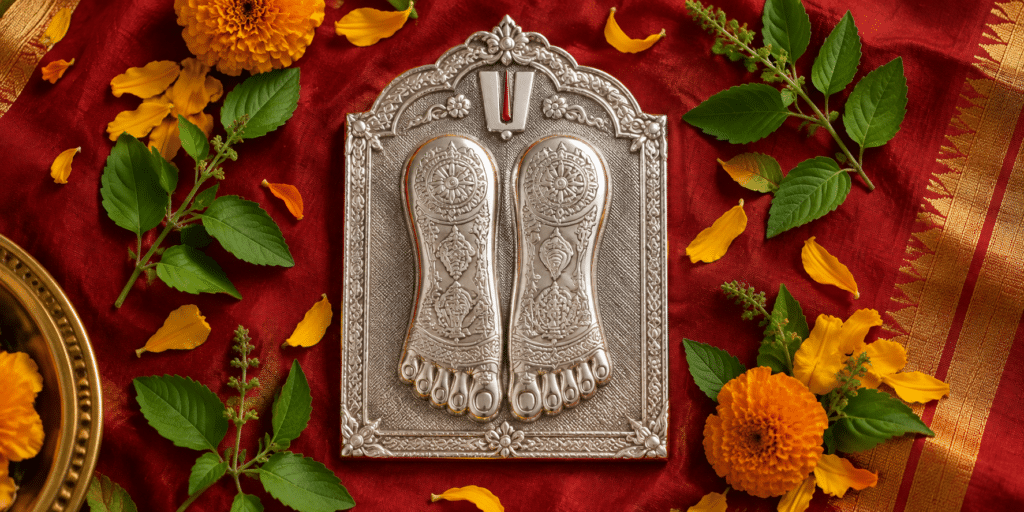 Silver Vishnu Padam plaque with tulsi leaves for daily pooja