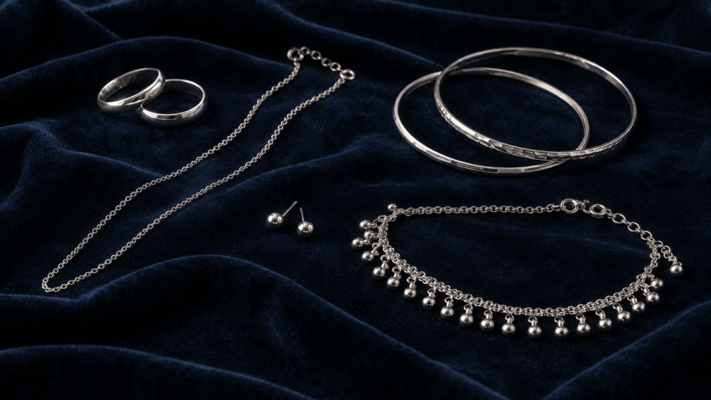 Silver rings, chains, bracelets, earrings and anklets arranged on dark fabric